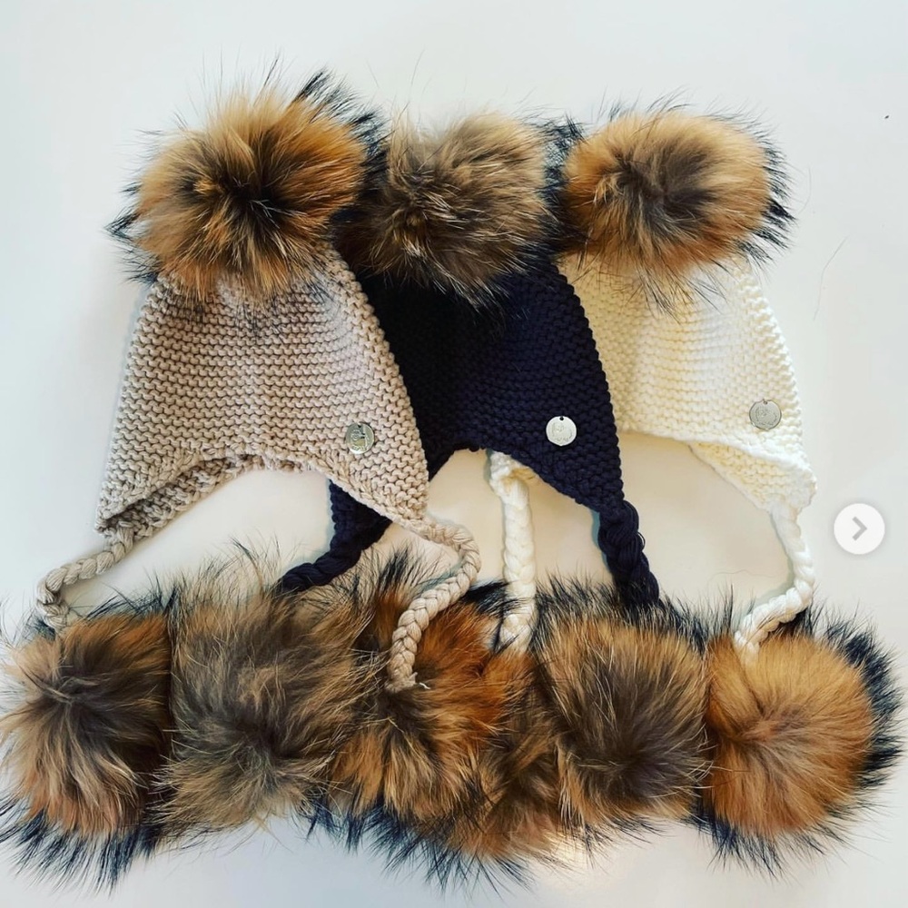 Knit Earflap Pom Pom Hat - Beige, Navy, Cream